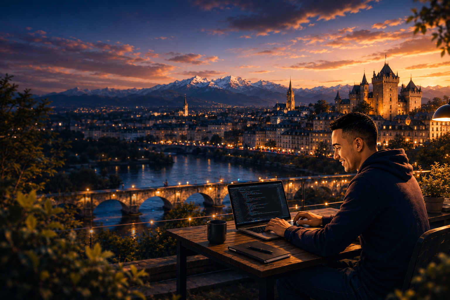Christophe Mostefaoui travaillant sur son ordinateur portable à Pau au coucher du soleil, avec les Pyrénées et le château en arrière-plan
