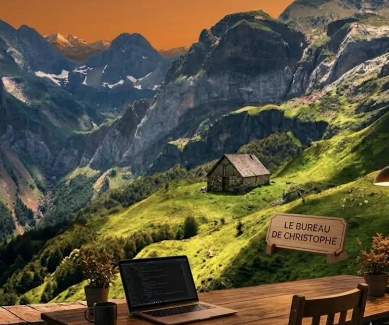 Christophe Mostefaoui codant face aux Pyrénées au coucher du soleil, avec un refuge en pierre et la vallée en contrebas